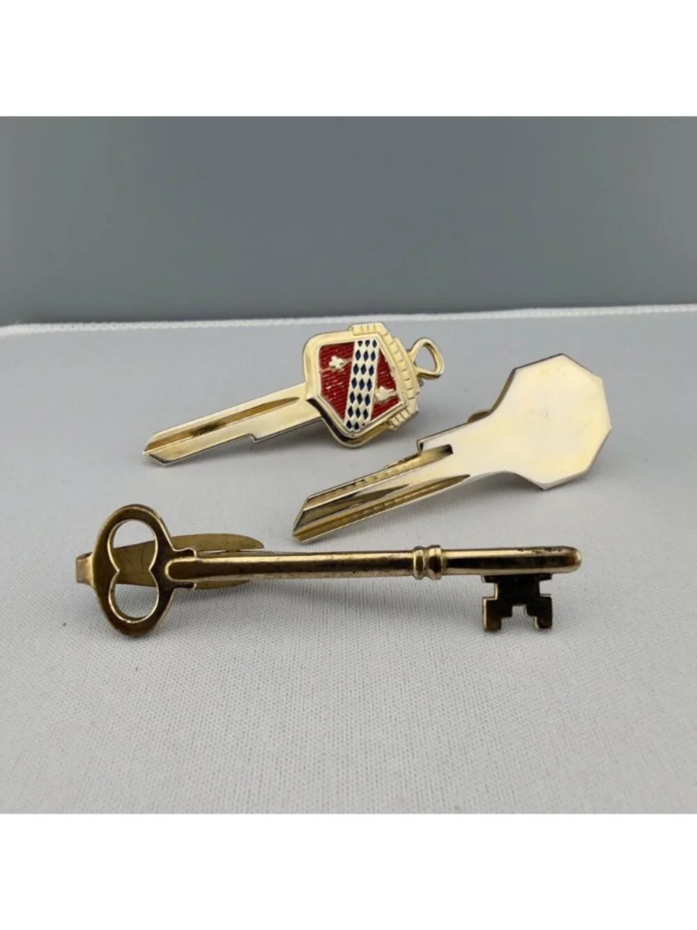 Vintage Gold Tone Key Themed Tie Clips Set Of 3 Skeleton Red Enamel
